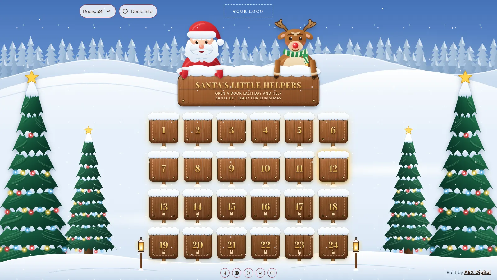 A Santa themed digital advent calendar with 24 wooden doors, Santa and a reindeer above them, and snowy trees either side.
